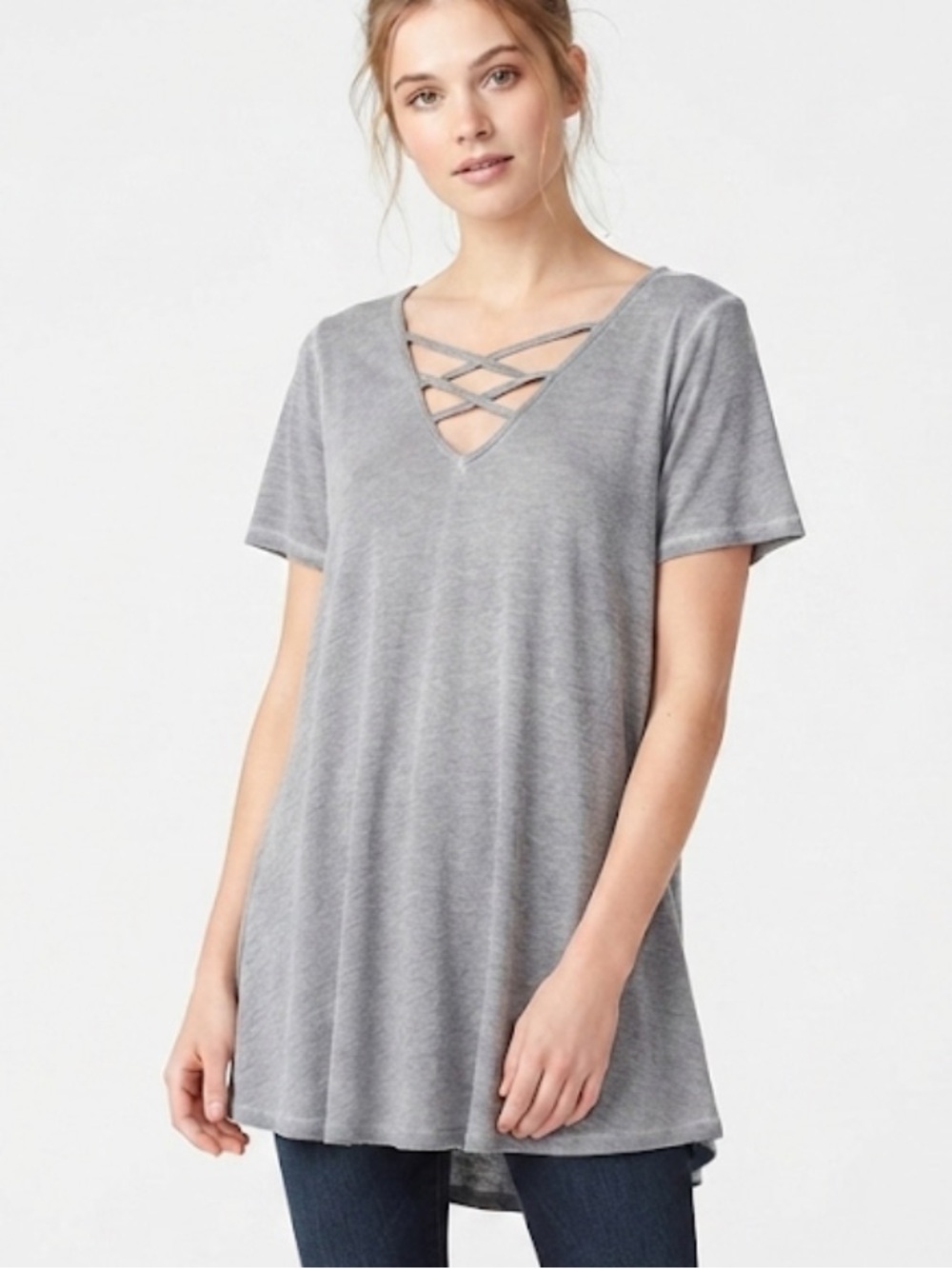 Bobbie Brooks Gray Crisscross V-Neck Short Sleeve Top - Women Size 1X / XL